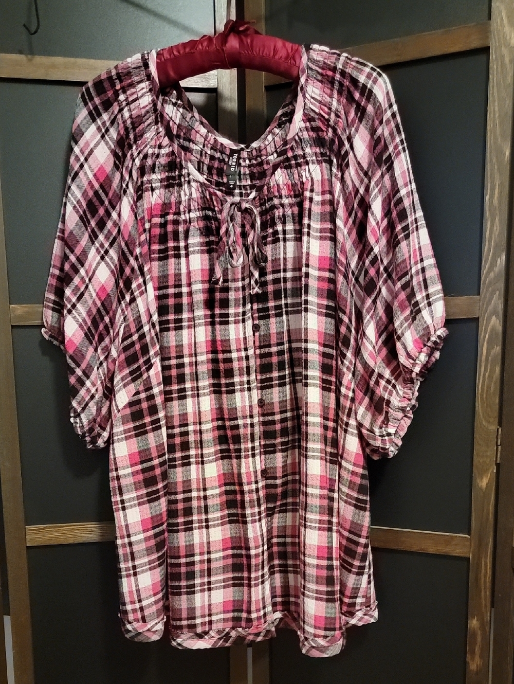 Torrid Pink and Black Plaid Peasant Tunic with Tie Neck